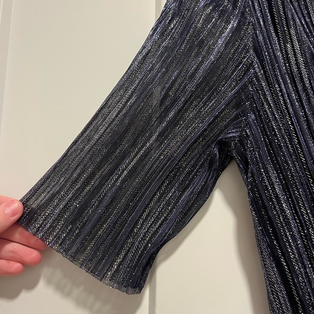 Maje Paris Full Lamé Dress with Ruffles Silver and Blue Sheer Back - Picture 8 of 11
